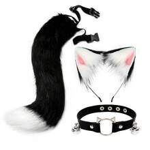 Cosplay Plush Animal Ear And Tail Set 2D Fox Ear Wolf Ear Hair Collar Tail Accessories Cat Headbell Collar - Black and White Three-piece Set - View 1