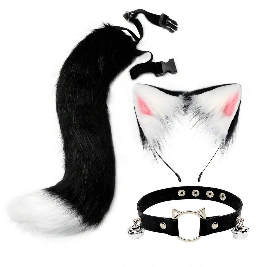 Cosplay Plush Animal Ear And Tail Set 2D Fox Ear Wolf Ear Hair Collar Tail Accessories Cat Headbell Collar - Black and White Three-piece Set - View 1