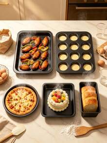 Baking Pan Set, 1/5pcs Non-Stick Baking Tools, Includes Round/Square Cake Pans, Muffin Bread Pan, Roasting Pan, Oven Baking Sheet, Kitchen Baking Cookware Set, Baking Trays And Supplies, In Black - Black - View 7
