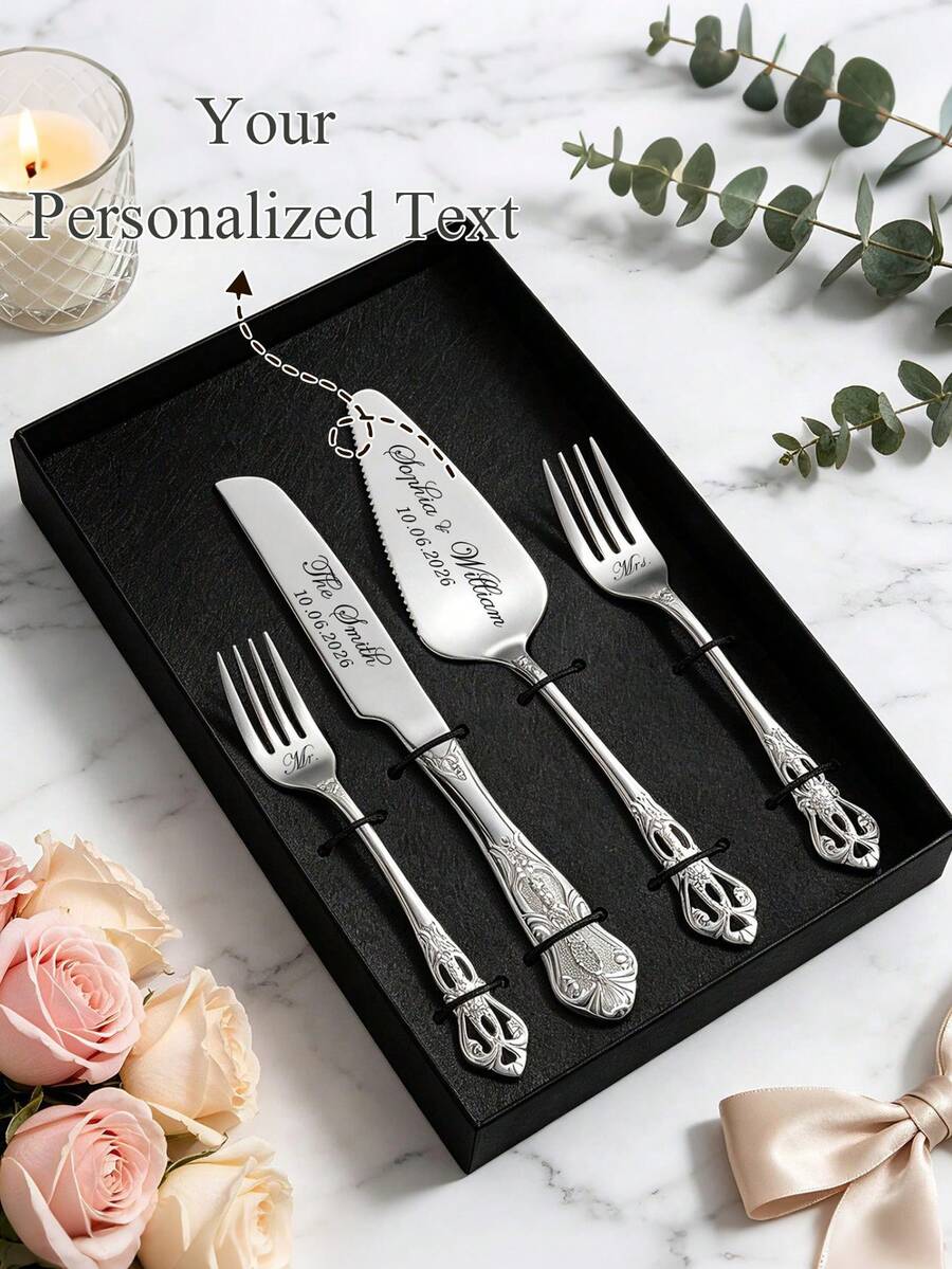Custom-Designed Vintage Cake Cutting Set, Engraved Stainless Steel Cake Server (Gift Box), Personalized "Mr & Mrs" Cake Fork Set, Unique Wedding Gift - Multicolor - View 1