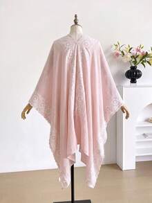 1件極簡幾何圖案刺繡開襟和服式披肩/圍裙，波希米亞風春夏外套，海灘度假防曬裝飾刺繡開襟衫，適合日常穿搭，完美禮物選擇 - 粉色 - 查看 2