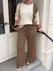 Setelan 2 Potong Sweater Rajut Leher Bulat Warna-warni untuk Wanita Ukuran Plus + Celana Panjang, Pakaian Kasual Elegan Lengan Panjang, Cocok untuk Musim Gugur - Khaki - View 5