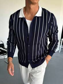 WAIT HIM Men's Casual Striped Crew Neck Cardigan - Blue - View 2