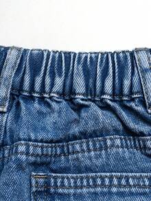 Young Girl 2-8 Years Cute & Simple Denim Hip-Covering Skort, Semi-Elastic Waist With Adjustable Drawstring, Classic Minimalist Style, Loose Fit, Suitable For All Seasons, Acid Wash Denim Skirt Shorts - Medium Wash - View 8