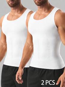 2pcs Men's Seamless Breathable Tummy Control Compression Tank Top, Sleeveless Undershirt Suitable For Multiple Occasions - White - View 1