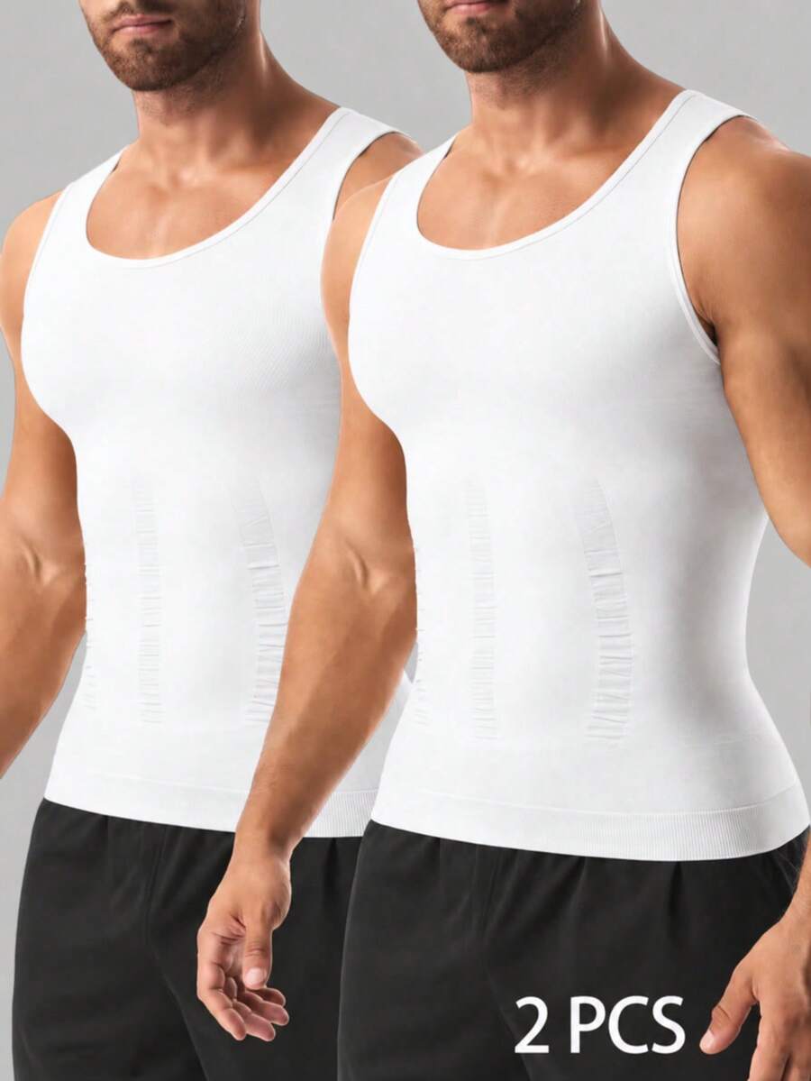 2pcs Men's Seamless Breathable Tummy Control Compression Tank Top, Sleeveless Undershirt Suitable For Multiple Occasions - White - View 1