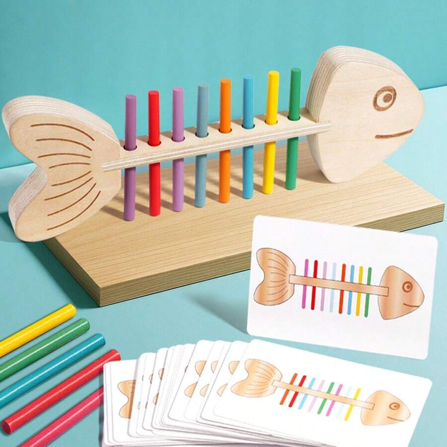 1 Set Base de Madera Maciza 3D Grande con Forma de Hueso de Pez con 7 Varillas Redondas Entrelazadas de Colores Macaron, Juego de Rompecabezas de Secuencia de Colores con Tarjetas de Tareas de Dificultad Multinivel, Empaque en Caja de Colores