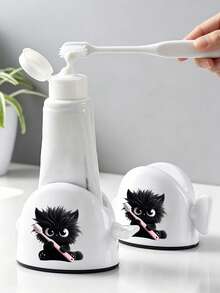 New Cute Black Cat Theme Toothpaste Squeezer, Toothpaste & Toothbrush Holder, Portable Toothbrush & Toothpaste Accessory, Easy To Clean, Space-Saving, Waterproof, Effortless Squeezing, Beautify Bathroom Environment, Manual Rotating Type, Suitable For Toothpaste & Hair Dye, Suitable For Home & Salon Use, Home User/Oral Care Accessory/Travel Essential, Warm Home Bathroom Decor, Autumn Decor, Back To School Season - Multicolor - View 1