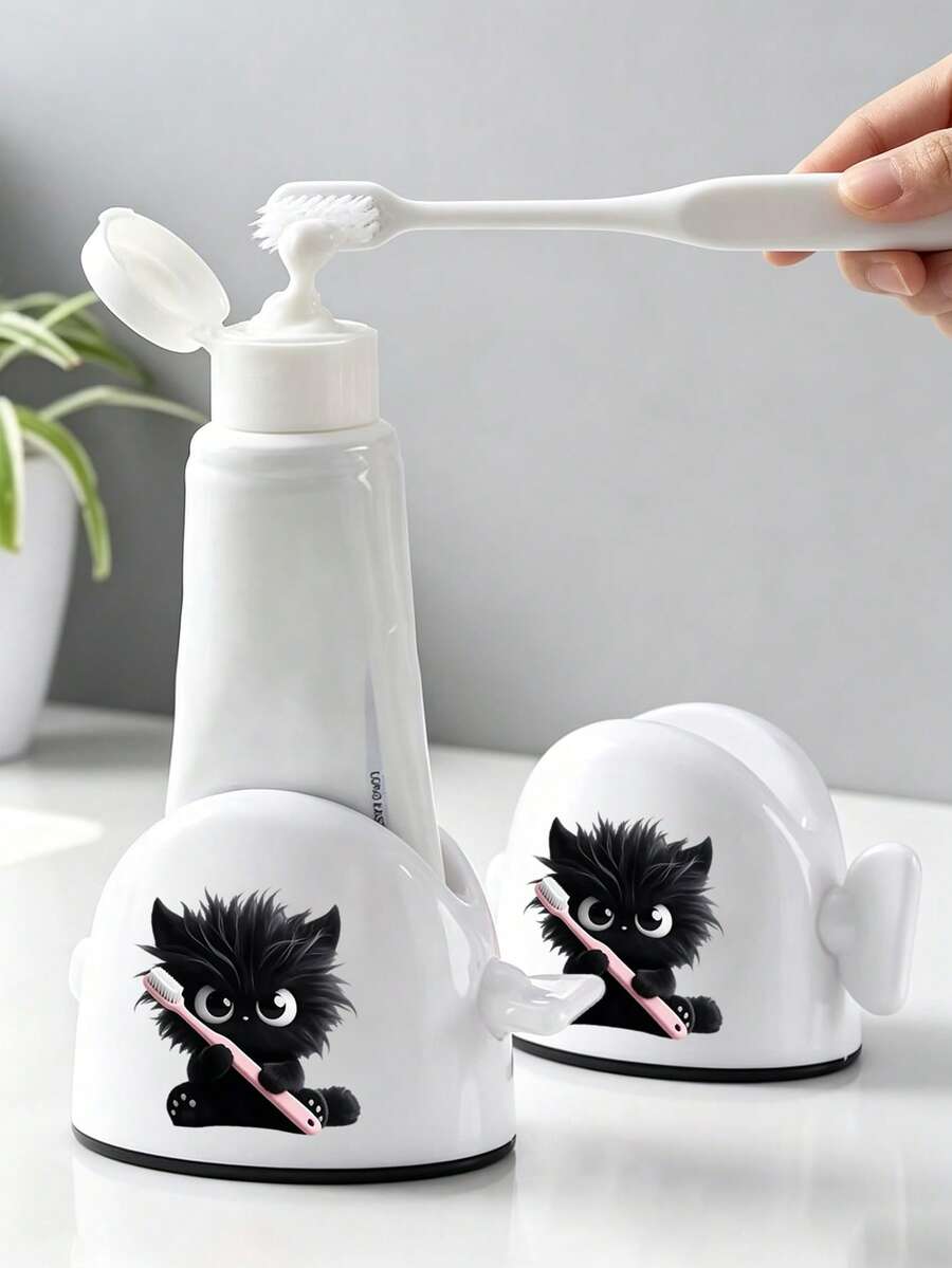 New Cute Black Cat Theme Toothpaste Squeezer, Toothpaste & Toothbrush Holder, Portable Toothbrush & Toothpaste Accessory, Easy To Clean, Space-Saving, Waterproof, Effortless Squeezing, Beautify Bathroom Environment, Manual Rotating Type, Suitable For Toothpaste & Hair Dye, Suitable For Home & Salon Use, Home User/Oral Care Accessory/Travel Essential, Warm Home Bathroom Decor, Autumn Decor, Back To School Season - Multicolor - View 1