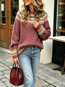Nuovo maglione a maniche lunghe in lana casual da donna, autunno/inverno - Rosso - Visualizzare 4