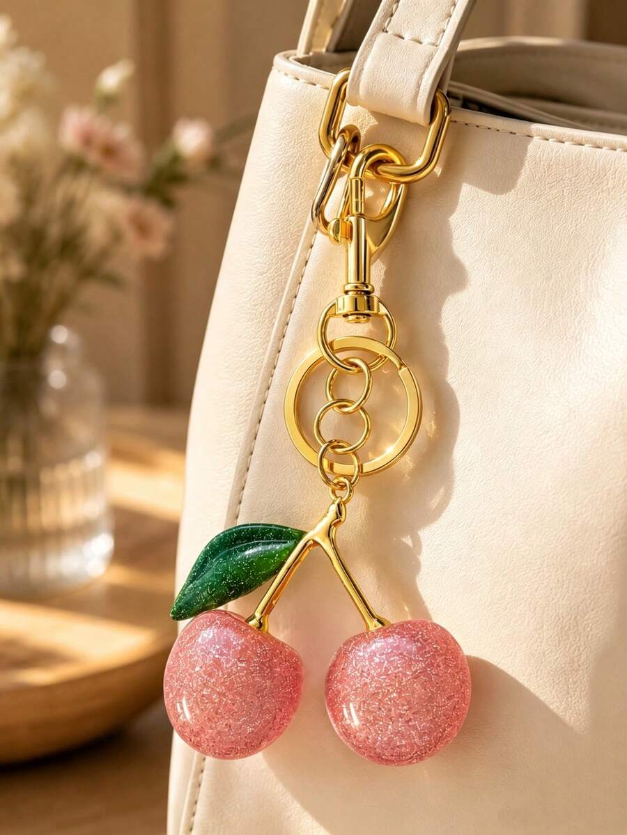 1件女款合金櫻桃時尚鑰匙圈，亮片櫻桃仿真水果吊飾，精緻包包掛飾 - 粉色 - 查看 1