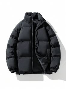 Men's Solid Color Casual Stand Collar Cotton Padded Coat, Autumn/Winter - Black - View 1