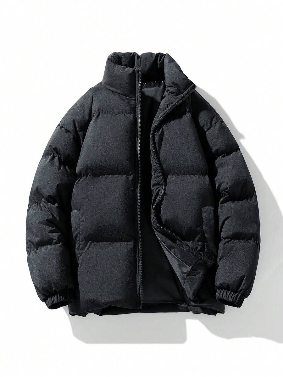Men's Solid Color Casual Stand Collar Cotton Padded Coat, Autumn/Winter - Black - View 1