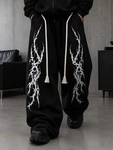 HEYKESON Men's Personalized Print Twisted Rope Tassel Drawstring Wide Leg Sweatpants - Black - View 5