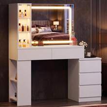 Devoko Vanity Table With LED Mirror, Dressing Table With 5 Drawers, 3 Illuminated Display Cabinets, Open Shelves, Bag Storage, Power Panel, And Selectable Chair Combination, White - 查看 3