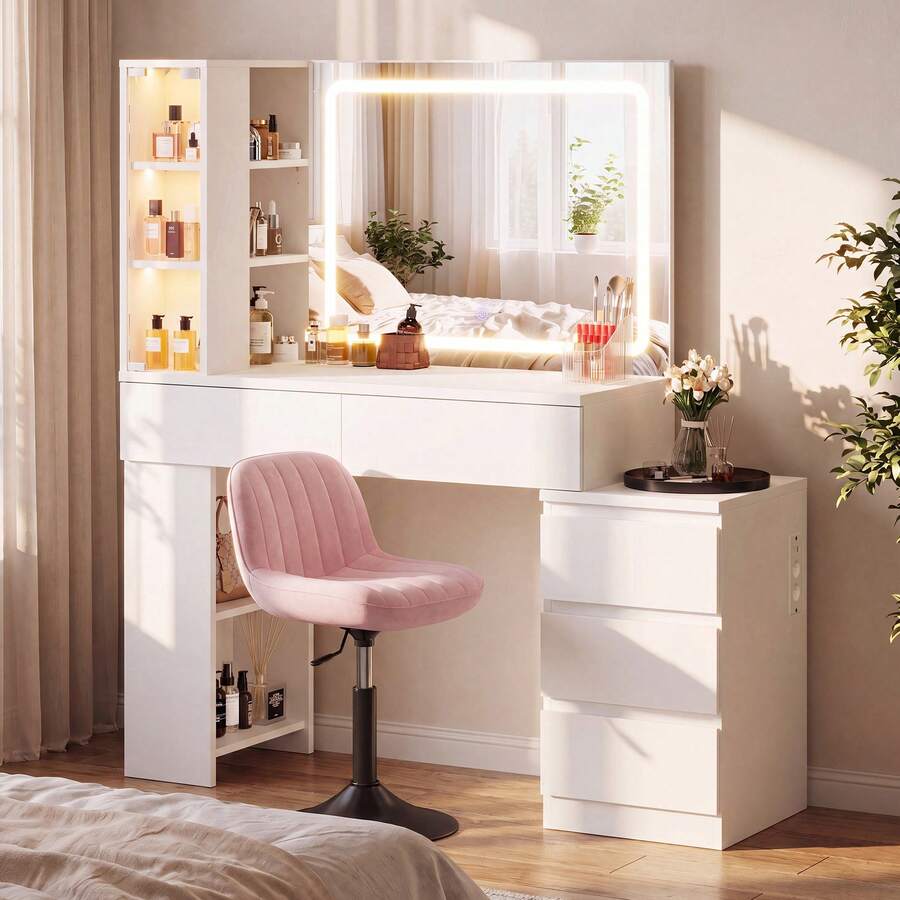 Devoko Vanity Table With LED Mirror, Dressing Table With 5 Drawers, 3 Illuminated Display Cabinets, Open Shelves, Bag Storage, Power Panel, And Selectable Chair Combination, White - 查看 1