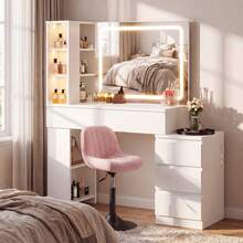 Devoko Vanity Table With LED Mirror, Dressing Table With 5 Drawers, 3 Illuminated Display Cabinets, Open Shelves, Bag Storage, Power Panel, And Selectable Chair Combination, White - 查看 3