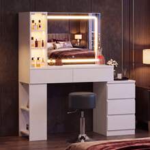 Devoko Vanity Table With LED Mirror, Dressing Table With 5 Drawers, 3 Illuminated Display Cabinets, Open Shelves, Bag Storage, Power Panel, And Selectable Chair Combination, White - 查看 3