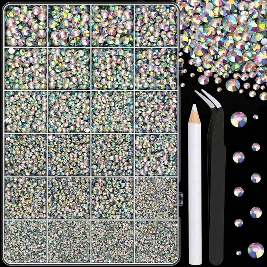 24-Grid DIY Rhinestone Decoration Set, 3mm Iridescent Flat-Back Resin Gems With Accessories, For DIY Crafts, Clothing, Art, Cups, Jewelry, Phone Cases And More, Holiday Gift - DIY Rhinestones - View 1