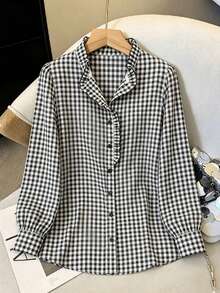 Kemeja Wanita Motif Kotak-kotak Hitam Putih Kancing Depan dengan Hiasan Ruffle, Panjang Standar, Bahan Polyester, Lengan Panjang, Atasan Kasual Musim Gugur/Dingin - Hitam dan Putih - View 3