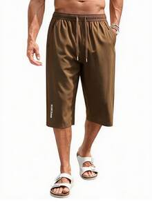Men's Drawstring Capri Harem Pants | Capri Loose Harem Style, Elastic Waist Drawstring, Casual Beach, Hippie Style, Men's Linen Pants, Summer Sports - Khaki - View 2