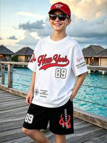 Tween Boy Letter Print Short Sleeve T-Shirt And Shorts Summer Outfit - White - View 1
