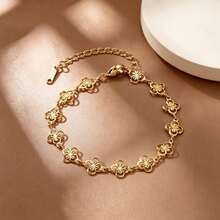 Luxury 18K Gold Plated Stainless Steel Bracelet 5-Piece Set, Bamboo Joint Open Bangle, Rectangular Pendant Thin Chain, Hollow Clover Bracelet, Cuban Thick Chain, Paperclip Chain, Non-Fading Women's Layered Jewelry Gift - Gold - View 14
