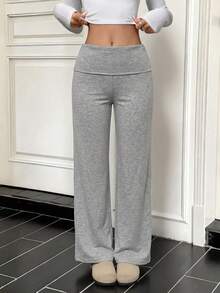 SCARLUX Fall Y2K Grey Fold Waistband Wide Leg Trousers, Basic Pants Ideal For Back To School, Business & Going Out - Gray - View 6