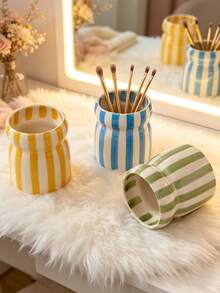 1pc Striped Ceramic Makeup Brush Holder, Cute Wavy Edge Makeup Brush Storage Cup, Multi-Color Vanity Desktop Organizer, Decorative Pen Holder, Home Bathroom Vanity Decor Storage Container - Multicolor - View 9