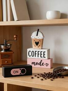 4件組 Coffee Mode ON 3D冰咖啡杯頂飾，鄉村農舍風粉黑咖啡桌裝飾牌，式木製裝飾，適用於分層托盤、咖啡吧、檯面、層架、廚房咖啡區居家裝飾，咖啡吧裝飾，廚房裝飾 - H - 查看 2