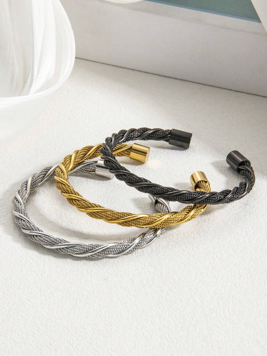 1PC Stainless Steel Twist Braided Open Bangle, Unisex Minimalist Waterproof Wrist Cuff, Couple Gift For Him Her Birthday Valentine Present