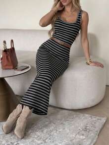 JTI Women's Striped Yarn-Dyed Contrast Square-Neck Sleeveless Cross-Back Maxi Bodycon Dress, Elegant Fall/Winter Office Layering - Black and White - View 2