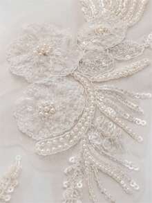 2pcs/Set White Pair Beaded Floral Lace Shoulder Applique, Sheer Tulle Flower Feather Patch, Sew On Decorative Motif For Wedding Dress Bridal Outfit - White - View 2