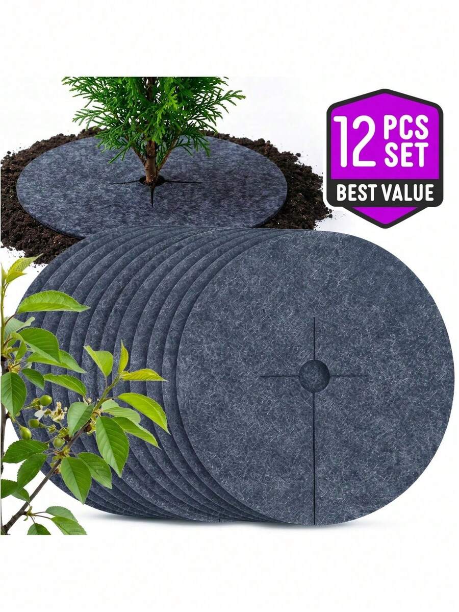 Felt Mulch Discs 17 Cm 12 Pcs For Trees And Shrubs, Polyester Garden Mulching Mats With Pre Cut Slit, Water Permeable Moisture Retaining Ground Covers For Suppression, Ideal For Gardens, Orchards And Landscape Planting - A - View 1