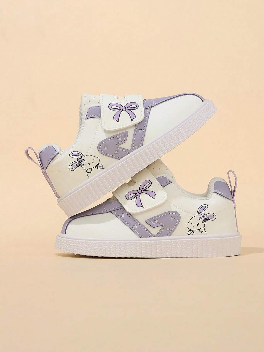 Korean Style Taro Purple Girls' Toddler Walking Shoes, Cartoon Kids' White Sneakers With Hook And Loop, Soft Sole, Anti-Slip, Wear-Resistant Baby Board Shoes - Purple - View 1