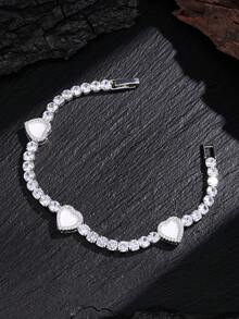 1/4Pcs Cute Heart Enamel Tennis Bracelet Set With Copper Plated 16K Gold Heart Enamel Bracelet Jewelry, Paired With 18K Gold Plated Waterproof Non-Fading Stainless Steel Bracelet, Suitable For Women's Daily Wear, Fashion Music Festival Jewelry Gift, Perfect Choice For Friends, Parties, Gatherings - Silver - View 9