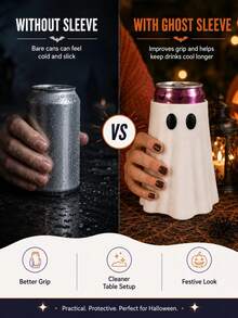1pc Cute Ghost Design Beverage Can Cooler Sleeve, Flexible Fit For Multiple Can Sizes, Reusable Halloween Insulated Sleeve, Holiday Party Home Desktop Office Gathering Decoration Gift - White - View 2