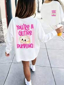 Girls Cute Cartoon Dumpling Pattern Long Sleeve T-Shirt, You're A Glitter Dumpling Letter Print Round Neck Loose Casual Daily Soft Top - White - View 8