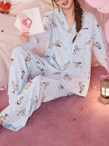 Gongdie 2 Potong Set Piyama Wanita Snoopy, Pakaian Santai Musim Semi/Musim Gugur Warna Biru Muda Lembut Bertekstur, Motif Kartun dan Bintang - Baby Blue - View 5