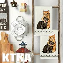 2pcs Cute Creative Cat Kitchen Dish Cloths, Hugging Kitten & Fish Bone Print Kitchen Cleaning Cloth Set, Perfect For Cat Lovers - Multicolor - View 3