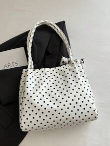 1pc New Large Capacity Polka Dot & Scarf Decor Design Dual Handle Tote Bag, Suitable For Work And Commuting, School Bag, Large Capacity, Portable, Classic Casual, Business Casual, Suitable For Teenage Girls, College Students, White-Collar Professionals, Perfect For Work, Back To School, Middle School, High School, University, Vacation, Fashion Zipper Tote Bag - White - View 7