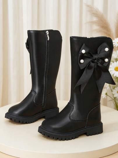 1 Pasang Sepatu Bot Tinggi Elegan Warna Hitam, Bahan PU Lembut + Dekorasi Pita Mutiara Manis, Sepatu Bot Anak Perempuan, Nyaman, Praktis, Resleting Dalam, Sol Karet Tebal Anti Selip, Cocok untuk Kehidupan Kampus Sehari-hari, Bermain di Dalam/Luar Ruangan, Serbaguna, Gaya Musim Gugur/Dingin Terbaru