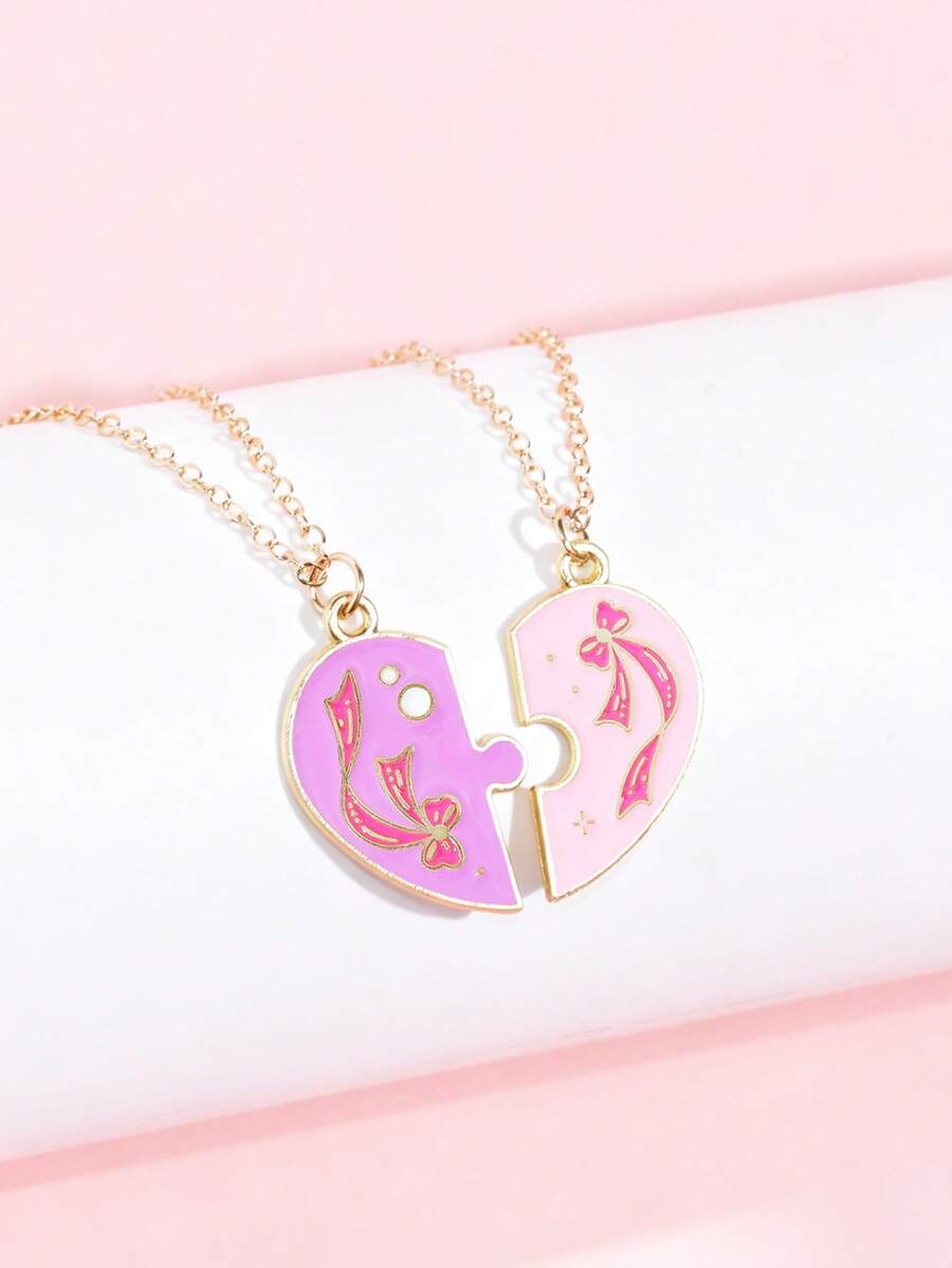 Bộ 2 dây chuyền tình bạn hình trái tim nơ cho bạn thân, phù hợp cho chị em đeo hàng ngày, quà tặng tiệc sinh nhật - Nhiều màu - Xem 1