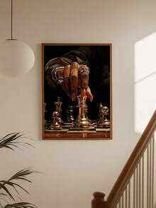 1pc Luxury Gold Chess Queen Hand Wall Art, Elegant Female Hand Wearing Ring Picking Up Gold Chess Piece On Dark Background Chessboard, Modern Wealth & Power Symbol Artwork, Exquisite Office Living Room Study Business Style Wall Decor, Framed Or Unframed - Abstract Style a - View 6