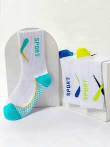 5 pares de calcetines deportivos para niños, transpirables y absorbentes de sudor, de malla hasta la pantorrilla, con diseño de letras de moda, calcetines para niños, calcetines de running y baloncesto para jóvenes, calcetines atléticos - Multicolor - Ver 5