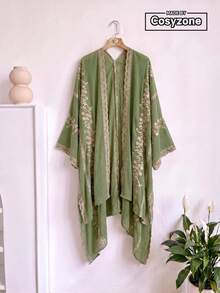 1件優雅花卉刺繡開襟和服式圍巾/沙龍披肩女款，春夏波希米亞風外套，海灘度假防曬罩衫，裝飾性刺繡開襟衫，適合日常穿著，完美禮物選擇 - 綠色 - 查看 1