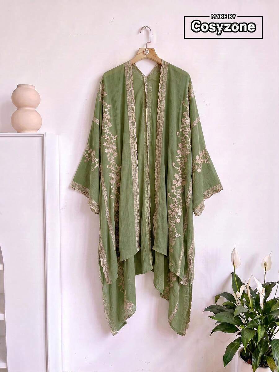1件優雅花卉刺繡開襟和服式圍巾/沙龍披肩女款，春夏波希米亞風外套，海灘度假防曬罩衫，裝飾性刺繡開襟衫，適合日常穿著，完美禮物選擇 - 綠色 - 查看 1