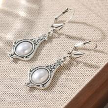 Faux Pearl Earrings, Bohemian Style Jewelry, Art Nouveau Dangle Earrings - Silver - View 3
