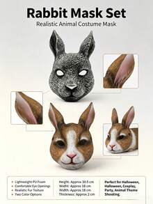 Two-Tone Realistic Rabbit Mask, 3D Plush Textured Breathable Animal Full Face Head Cover, Adult Easter Halloween Cosplay Costume, Escape Room Mystery Party Masquerade Funny Photo Prop - Multicolor - View 1