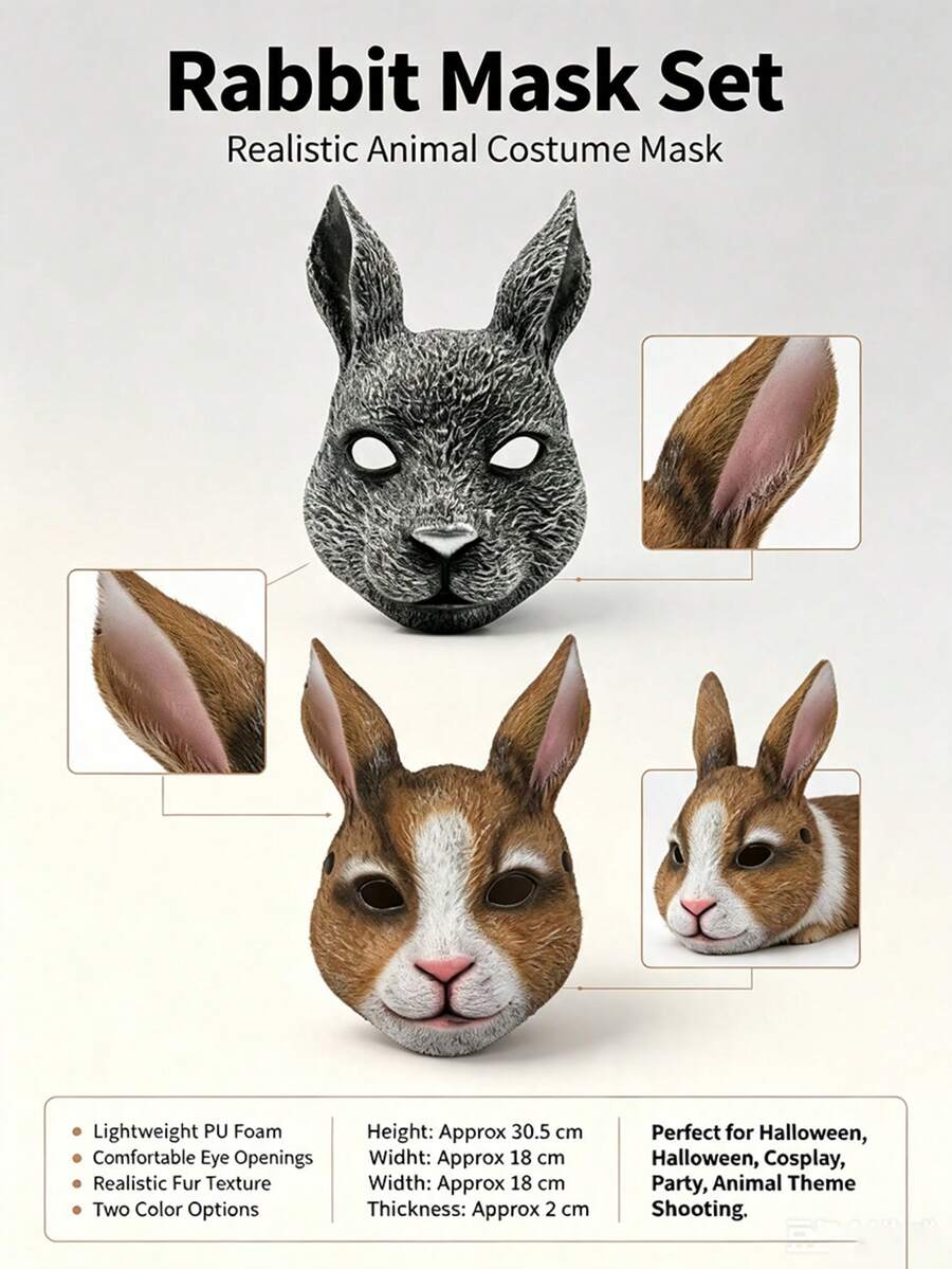 Two-Tone Realistic Rabbit Mask, 3D Plush Textured Breathable Animal Full Face Head Cover, Adult Easter Halloween Cosplay Costume, Escape Room Mystery Party Masquerade Funny Photo Prop - Multicolor - View 1
